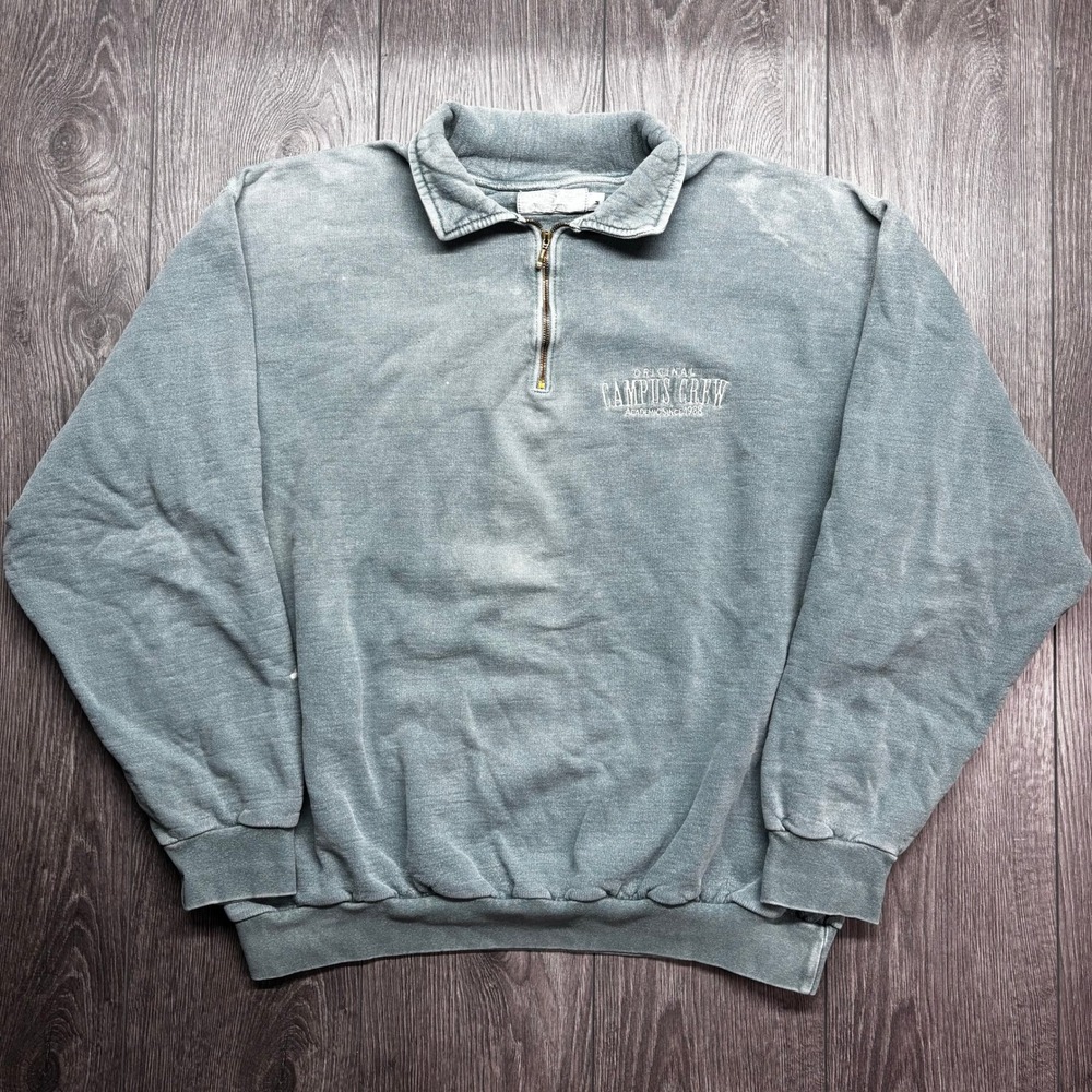 Campus Crew Mens Vintage Quarter Zip Sweatshirt Faded Sage Green Size Medium
